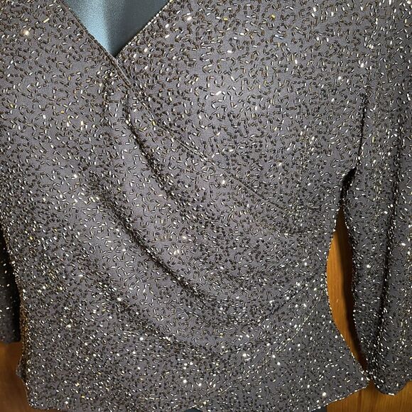 Jkara Beaded Black Gold Formal Blouse Evening Party Top Zip Back VNeck Womens 12 - Picture 3 of 16